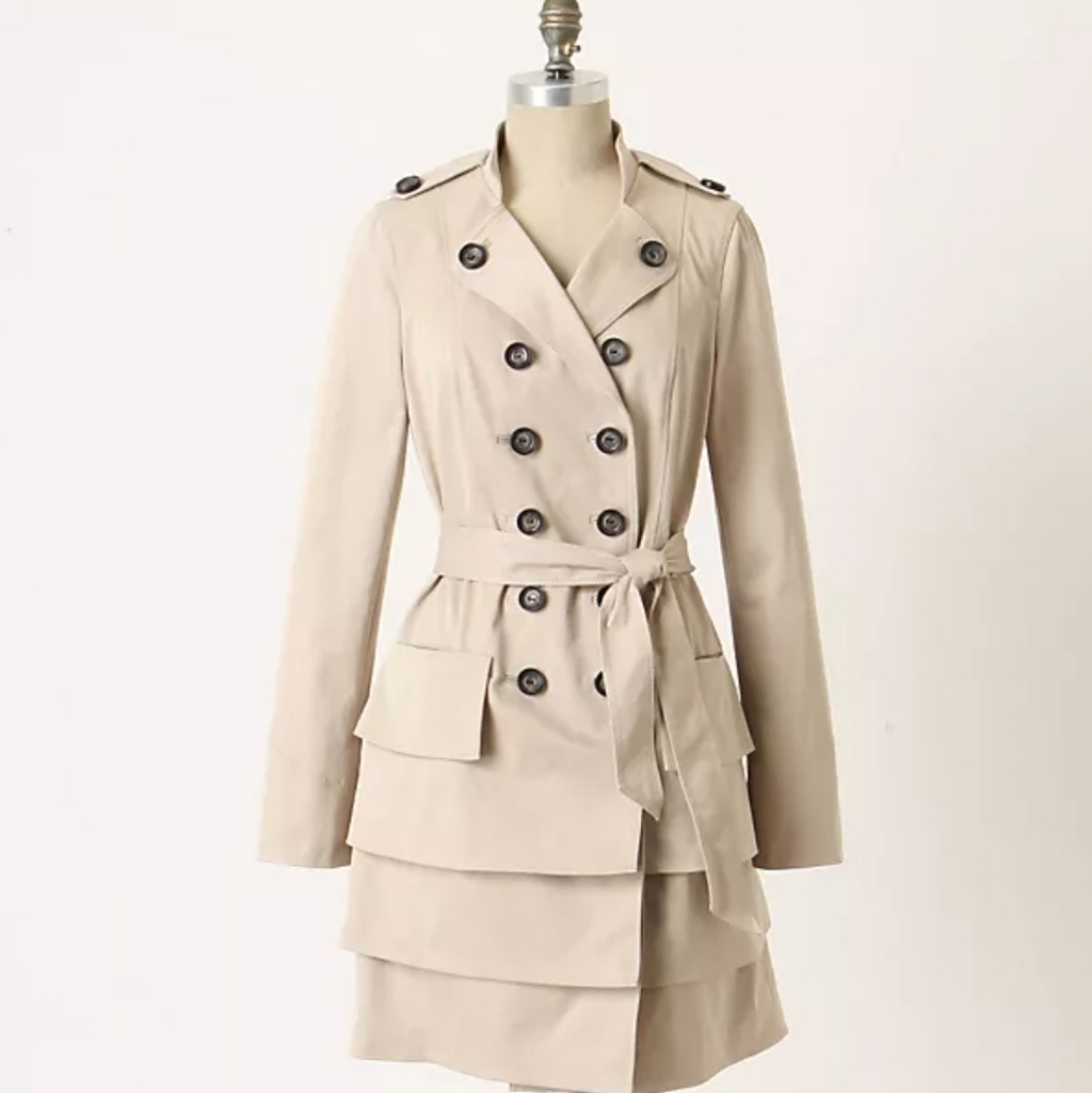 Anthropologie Beige Double-Breasted Layered Trench Coat